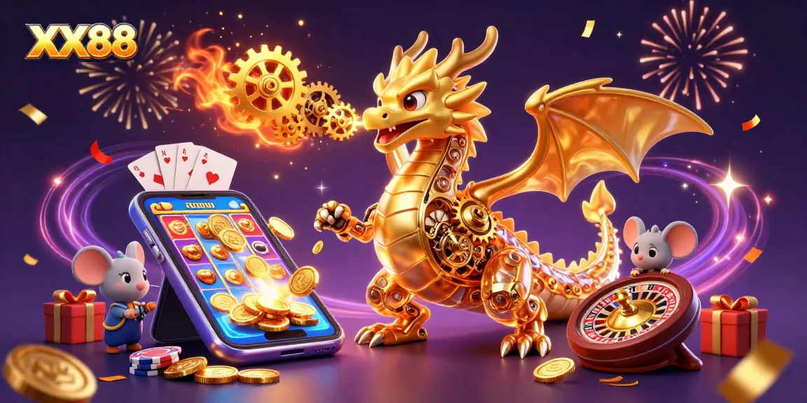 Experience thrilling moments at XX88 with our vibrant casino gaming illustration featuring a golden dragon!