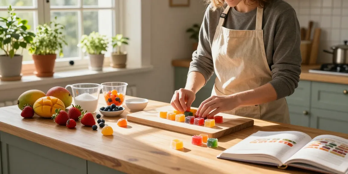 Cheerful kitchen scene preparing thc edibles, featuring colorful gummy cubes and fresh ingredients.