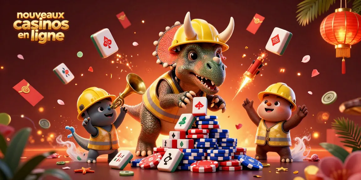 Découvrez les nouveaux casinos en ligne avec une illustration dynamique de dinosaures en fête.