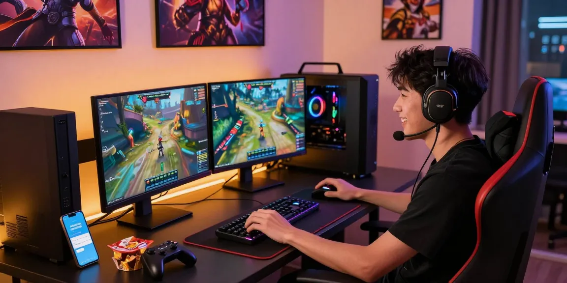 Gamer using mantra88 login on dual monitor setup in vibrant gaming room.
