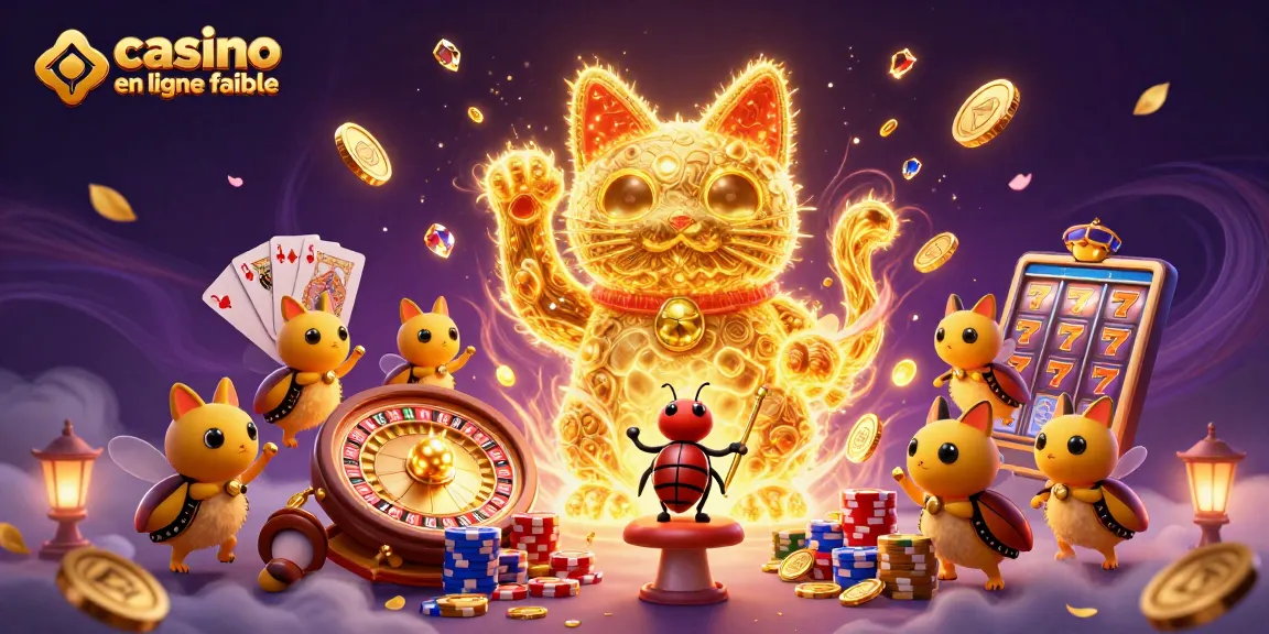 Jouez à des jeux dans un casino en ligne fiable avec un chat chanceux animé entouré de symboles de casino.