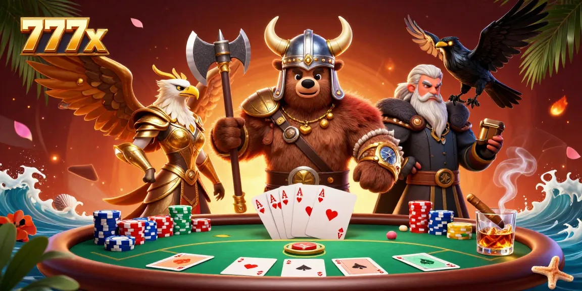 Engage with the vibrant 777x casino scene featuring Viking characters, poker action, and stunning 3D details.