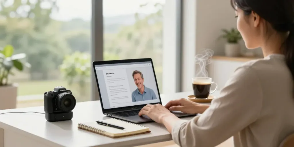 Person using a laptop in a modern home office while listening to a text read aloud