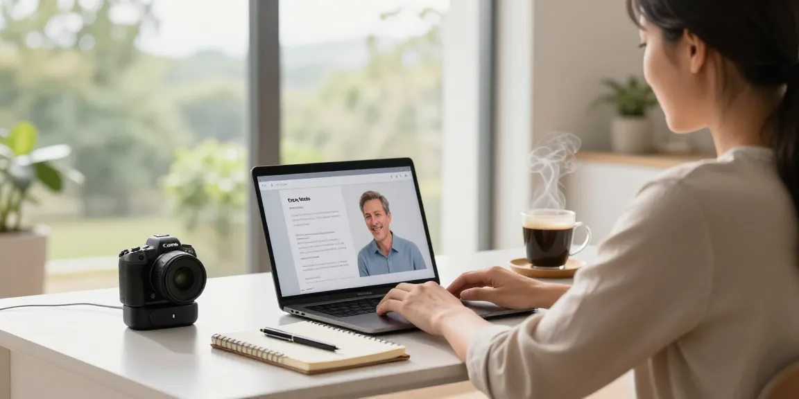 Person using a laptop in a modern home office while listening to a text read aloud