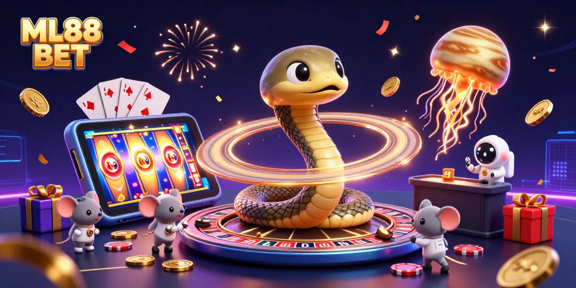 Engaging scene of ML88 BET with a cartoon Saturn snake and astronaut mice betting in a cosmic casino.